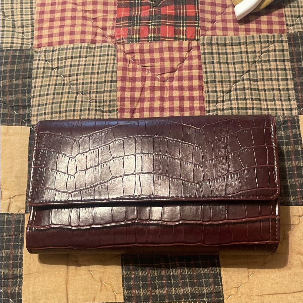 Mundi Crocodile Embossed Wallet in Deep Burgundy